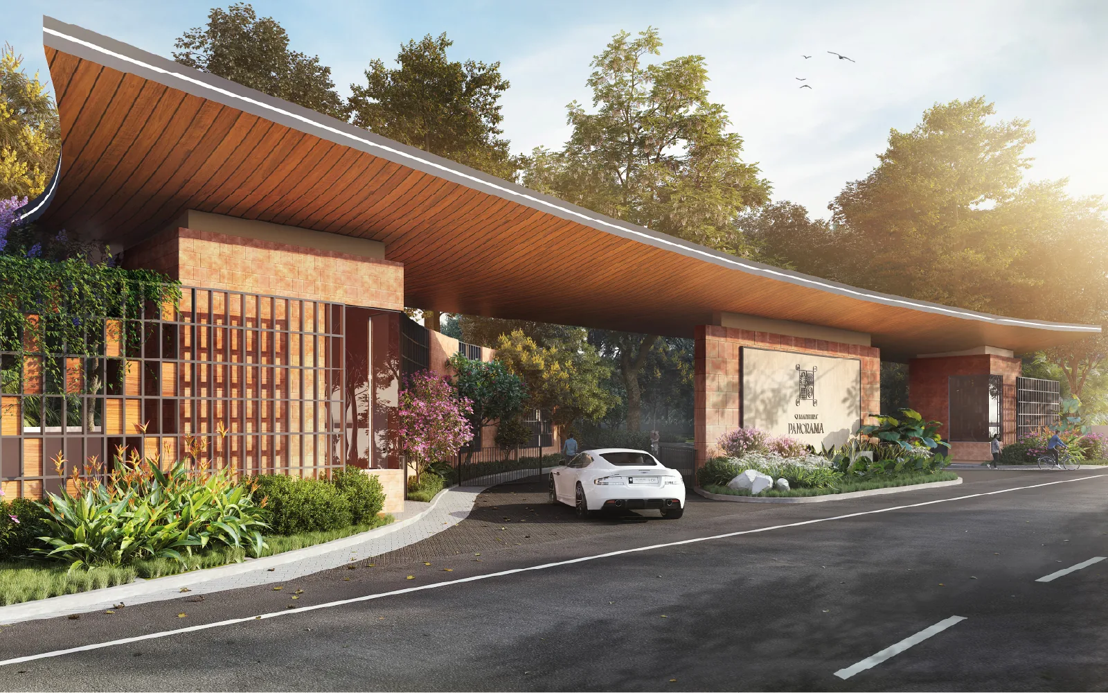 Exterior render of an arrival gate