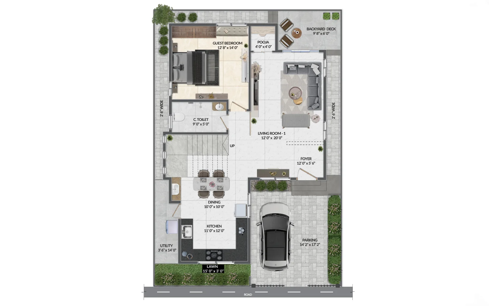 Ground floor plan of a villa with living room, kitchen and parking